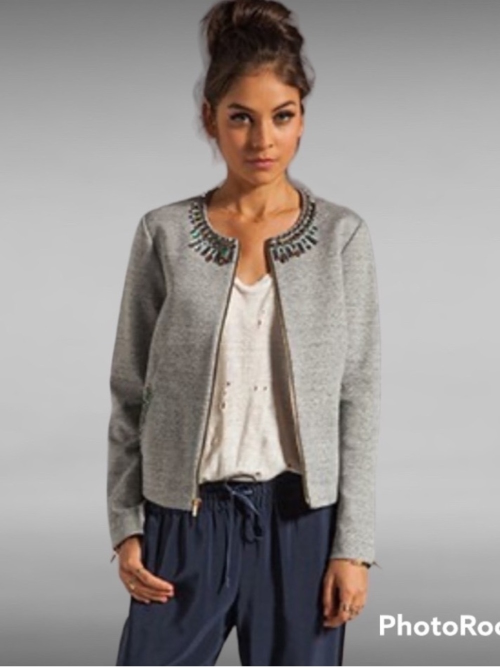 Elizabeth and James marled Gray Quinn Embellished rhinestone Trim zip Jacket